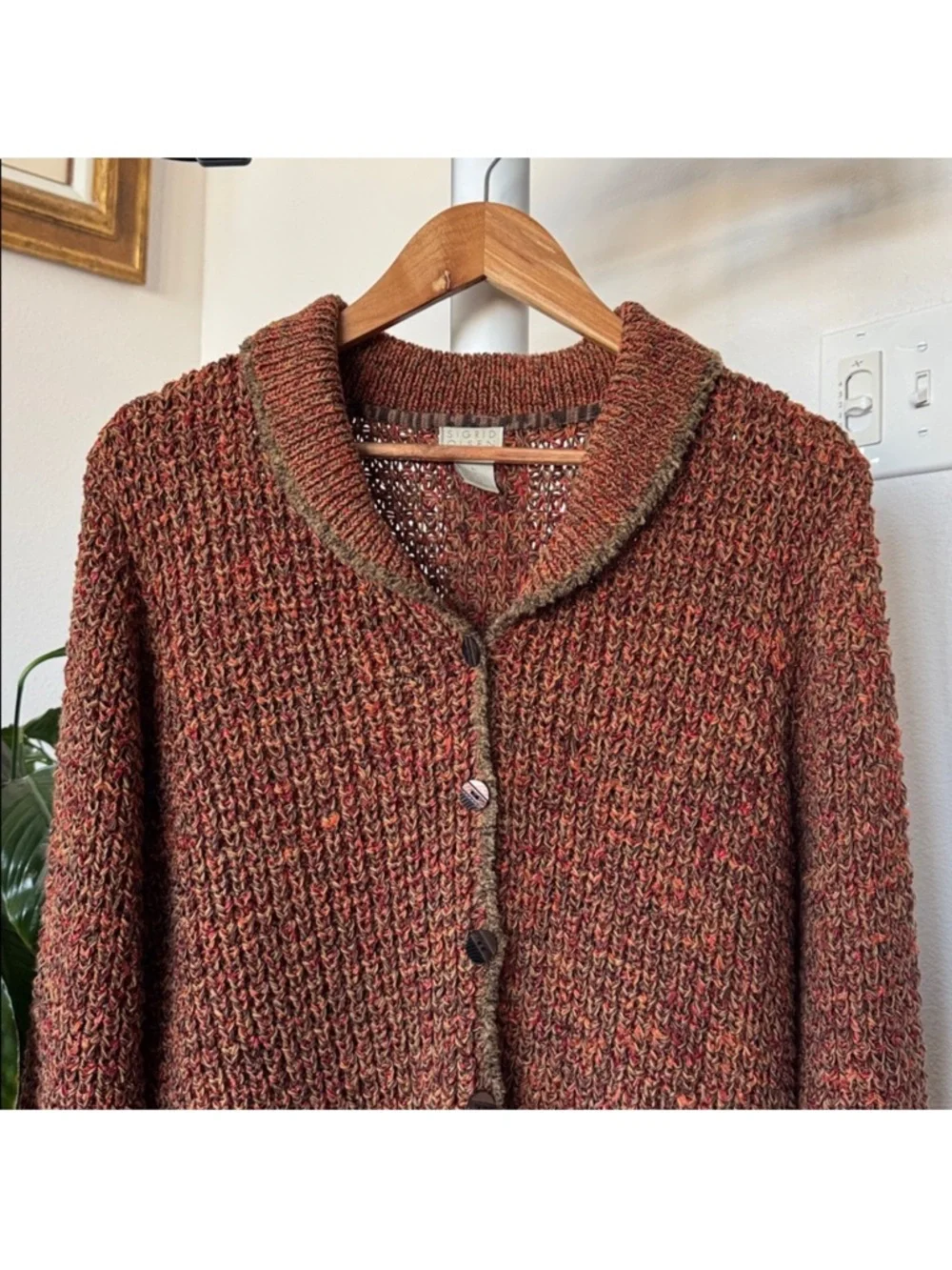 Sigrid Olsen Open Knit Button Front Sweater Cardigan Sz L Brown Orange Collared - Picture 2 of 9